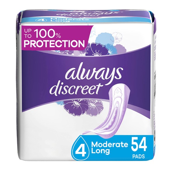 Always Discreet, Incontinence & Postpartum Pads For Women, Size 4, Moderate Absorbency, Long Length, 54 Count