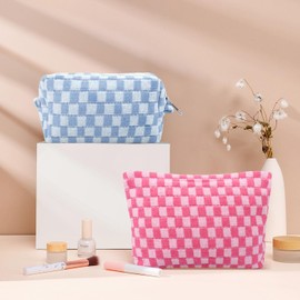 H HOME-MART 2 Pieces Checkered Makeup Bag Large Cosmetic Bag Capacity Canvas Mix Travel Toiletry Bag Organizer for Purse Portable Zipper Make Up Pouch Small Cosmetic Case