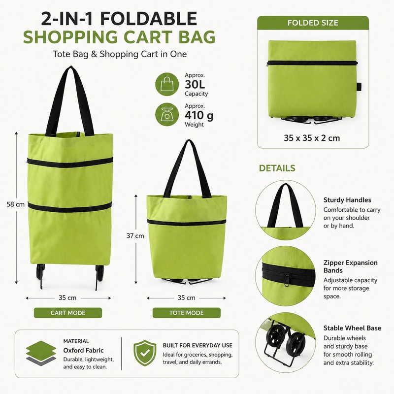 Foldable Shopping Cart Bag for Daily Errands – 2-in-1 Oxford