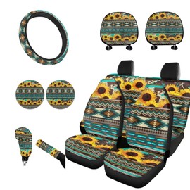 Horeset Western Aztec Sunflower Car Seat Cushion 11 Pieces of Set with Car Cup Coaster,Cars Headrest Cover,Steering Wheel Cover, Handbrake & Gear Shift Knob Cover Universal Cars Accessories