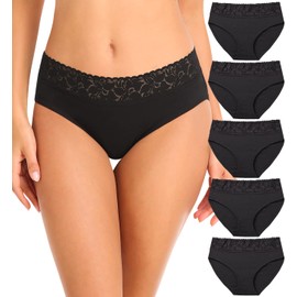 Womens Underwear Cotton Lace Panties Soft Bikini Panty Comfortable Hipster Stretch Full Ladies Briefs 5 Pack S-XL(R3020-Black-M)