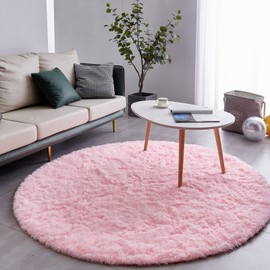 FJZFING Pink Round Rug Ultra-Soft Plush Modern 5x5 Circle Area Rug for Kid's Bedroom, Fluffy Shag Circular Rug for Nursery Room, Non-Slip Home Decor Cute Pink Carpet for Teen's Room