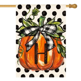 AVOIN colorlife Fall Monogram Letter H House Flag Polka Dot Pumpkin 28x40 Inch Double Sided Outside, Small Burlap Family Last Name Initial Yard Decoration