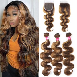 Teveshine Highlight Bundles with Closure Human Hair Body Wave P4/27 Honey Blonde Bundles with Highlights human hair 10A Brazilian Body Wave with Closure 16 18 20+16inch