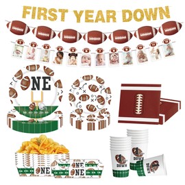 142Pcs first year down birthday party decorations, Football 1st Birthday Party Decorations Tableware Set with Plates Napkins Cups Serving Tray and First Year Down Banner,1st Year Down