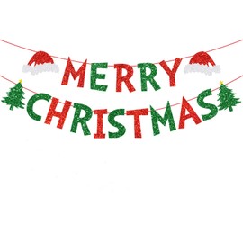Merry Christmas Banner, Glittery Christmas Decorations Banners Winter Holiday Garland Photo Props Banner for Party Home Decorations
