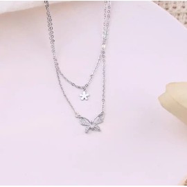 Unbranded Sterling Silver Plated Butterfly CZ Layered Pendant Necklace Choker Gift XJ1