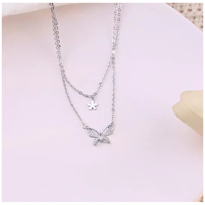 Unbranded Sterling Silver Plated Butterfly CZ Layered Pendant Necklace Choker