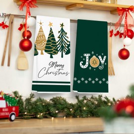 EJGFS Christmas Decorative Kitchen Towels on Green Set of 2, Merry Christmas with Joy, Dish Towels, Christmas Ornaments, Hand Towels, 16x24 Inches, for Family, Friends, etc.(028)