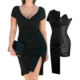 Popilush Womens Shapewear Midi Dress Ruched Bodycon Pencil Dresses Built in Bra Work Wedding Guest Cocktail Black