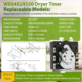 WE04X24550, 234D2377P004 Dryer Timer Compatible with GE/Hotpoint GTD42GASJWW, XTD72E8STWS, ETD48EASWWB Dryer etc. OEM Upgraded TMD14M30 Timer Replacement TMD16M12 234D2377P003 WE04X24549 221027 etc