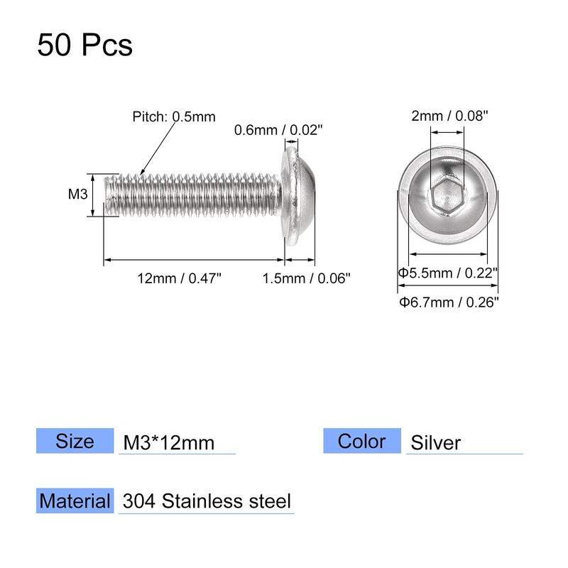 sourcing map Flanged Button Head Socket Cap Screws, M3*12mm Hex