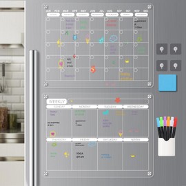 FAZHENWJ Acrylic Magnetic Dry Erase Calendar Board for Fridge, 17"x12" - Erasable Monthly and Weekly Planner with to-Do List, Includes 6 Markers and Eraser