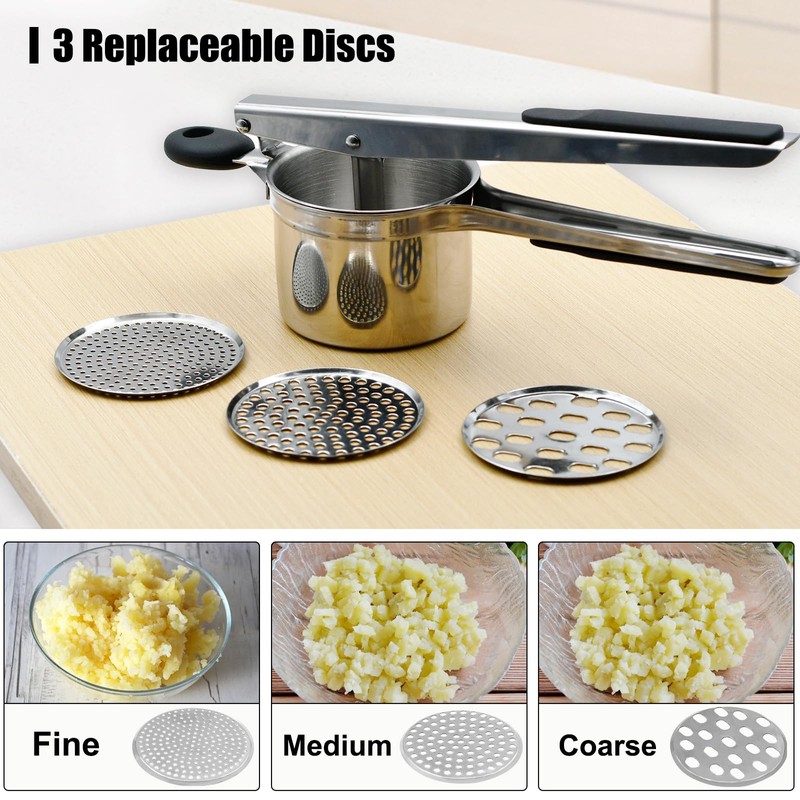 BSDLZCH Heavy-Duty Potato Masher with 3 Interchangeable Cutter Plates, Food-Grade