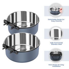 Dog Kennel Bowls for Crates, Hanging Dog Crate Water Bowls No Spill, 2 Pack Kennel Food Water Bowl Mountable Cage Accessories, Stainless Steel Pet Dish Feeder Coop Cup for Cat Puppy Bunny Bird Ferret