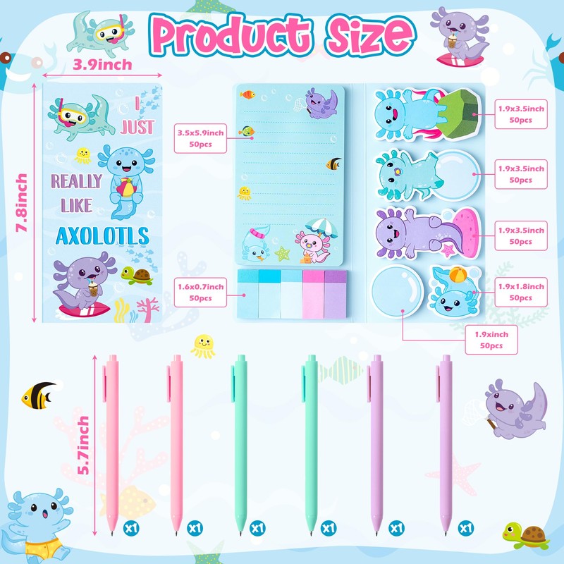 Xqumoi Axolotl Sticky Note A5 Notebooks Pens Stationary Set -