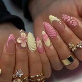 BABALAL Press on Nails Medium Almond Fake Nails Pink French Tip Glue on 3D Texture Flower False Nails Acrylic Nails Summer Handmade Nails 24Pcs Stiletto Full Cover Artificial Nails for Women Girls
