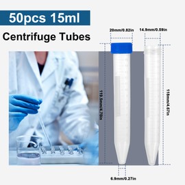 15ml Centrifuge Tubes with Scale, Pxyelec 50 Pack Plastic Test Tubes with Screw Caps and Writing Area, Containers with Lids for Labs Sample Collection