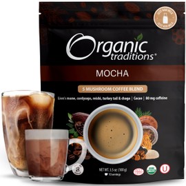 Organic Traditions Mocha Mushroom Coffee – Organic Instant Mushroom Coffee with Cacao, Lion’s Mane, Chaga, Cordyceps, Reishi, Lion's Mane and Turkey Tail - Organic Adaptogen Latte to Support Energy, Focus & Immune Health (20 Servings) - 200g/7oz Bag