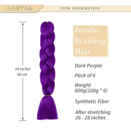 Gairyan Braiding Hair Extensions for Braiding 6 Packs 600g 24" Ombre Jumbo Braiding Hair Coloured Synthetic Hair for Women Soft Box Braids Crochet Twists (Dark Purple)