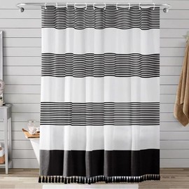 bufftieo Black and White Shower Curtain for Bathroom Boho Striped Fabric Modern Farmhouse Tassel Shower Curtain Sets - 54" x 78"