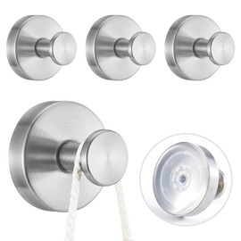 4 PCS Suction Cup Hooks for Shower, Stainless Steel No Drill Suction Towel Hooks, Reusable Sticky Silicone Suction Cup Base for Bathroom Wall, Glass, Mirror, Tile to Hang Loofahs, Robes (Silvery)