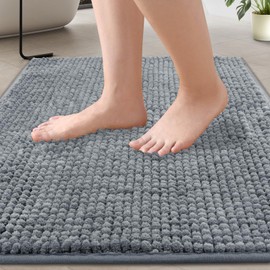 flintronic Bath Mat, Grey Bath Mat Non-Slip Anti Mould, 40 x 60 cm Chenille Bath Mat, Super Absorbent Fluffy Bath Mats for Bathroom, Machine, Washable Quick Dry