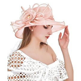 ELLYDOOR Women Derby Fascinator Hats Organza Church Wedding Hat Wide Brim Cocktail Tea Party Hat Peach Pink