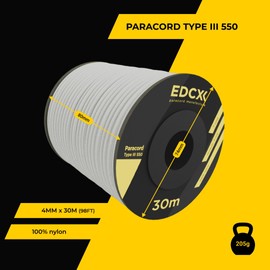 EdcX 4mm Nylon Paracord 550 30m (100 feet) - Type III, 100% Nylon Rope, 7 Strand Rope, 4mm Nylon Rope in Solid Colors (White, 30 m)