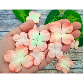 HukDok Handmade Hydrangeas Petals Flowers Mulberry Paper Flower Patch Scrapbooking Wedding DIY Craft Supplies Card Mini Artificial Paper Flowers (Peach Color)