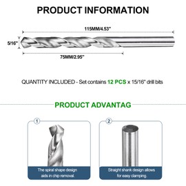 METALLIXITY 7.938mm Drill Bit (5/16") 12Pcs, 4241 High-Speed Steel Straight Shank Uncoated (Bright) 118° for Wood Plastic Iron Copper Aluminum Low Soft Metal