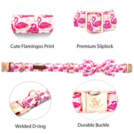 Elegant little tail Dog Collar, Pink Flamingos Puppy Collars Pet Collar with Bow Girl Cotton Bowtie Collars Spring Gift Adjustable Dog Collar for Small Dogs