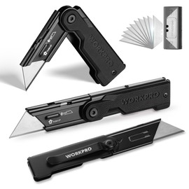 WORKPRO 3-Pack Folding Utility Knife Set, G10 Handle Box Cutter with 10 Extra SK5 Blades, Quick-Change Razor Knife with Belt Clip, EDC Utility Knife for DIY, Office, Home, Arts & Crafts – Black
