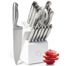 Styled Settings Stainless Steel Knife Set with Built In Sharpener - 14 Piece Ultra Sharp, High Carbon Stainless Steel Kitchen Knife Set Includes White Knife Block with Sharpener Built In