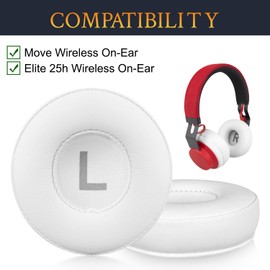 SOULWIT 70mm Earpads Cushions Replacement for Jabra Move/Elite 25h Wireless On-Ear Headphones, Ear Pads with Softer Protein Leather, High-Density Noise Isolation Foam - White