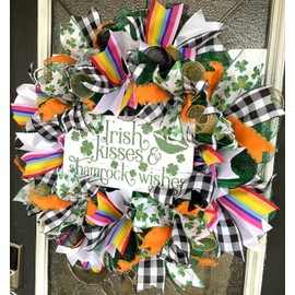 Rainbow Irish Kisses Shamrock Wishes St. Patrick's Day Deco Mesh Front Door Wreath, Shamrocks Clover,Porch Patio Yard Art Decor, Wall Decoration, Indoor Outdoor