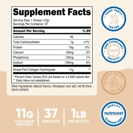 Colágeno en polvo alimentado con pasto Nutricost 1 lb (454 g) (vainilla) - péptidos de colágeno