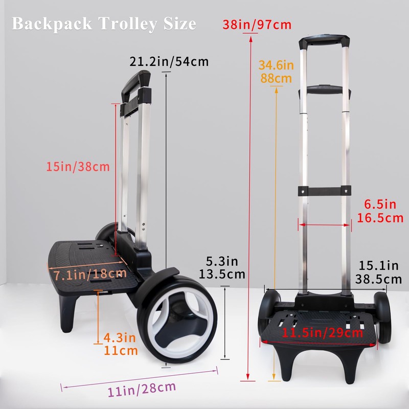 Rolling Backpack Trolley Cart with Stair-Climbing Quiet Wheels,Foldable Aluminum Frame,Adjustable