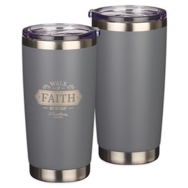 Christian Art Gifts Stainless Steel Double Wall Vacuum Insulated Travel Mug 18 oz Gray Bible Verse Tumbler with Retractable Lid for Men & Women - Walk by Faith - 2 Corinthian 5:7
