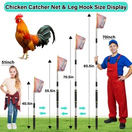 Frebuta Chicken Catcher Net,30 to 75in Chicken Catcher Leg Hook Heavy Duty Extra Long Handle Animal Catcher Pole with Frosted Tube Extension Pole Poultry Hook Fowl Catcher (Stainless Steel Tube)