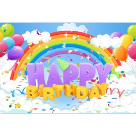 Rainbow Happy Birthday Backdrop Banner for Kids Birthday Party Backdrop,Blue Sky Balloons Birthday Sign for Girls Boys Party Decorations Supplies(10X8 FT,Polyester)