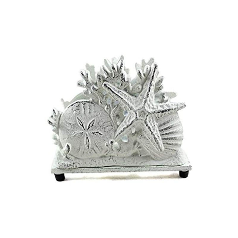 Handcrafted Nautical Decor Rustic Whitewashed Cast Iron Seashell Napkin Holder
