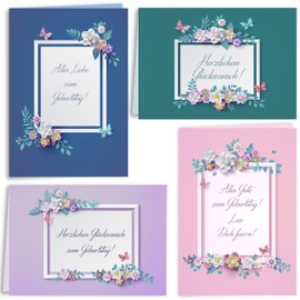 Geburtstagskarte Glückwunschkarten Set mit 12 Geburtstagskarten Klappkarten mit Umschlägen Herzlichen Glückwunsch zum Geburtstag Happy Birthday Blumen Schmetterlinge Bunt