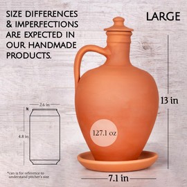Hakan Anadolu Natural Clay Water Pitcher Set | Unglazed Terracotta Water Carafe & Plate | Traditional Small Mud Jug | Pottery Jar for Drinking Water (Large - 106 oz)