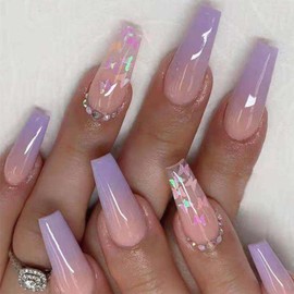 Long Fake Nails French Tip Press on Nails Coffin Stick on Nails with Butterfly Design Purple Nails for Women