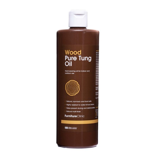 Pure Tung Oil by Furniture Clinic – Nourishes, Protects, and Enhances the Beauty of All Items of Wood. Tung Oil is a 100% Natural, Food Safe Oil, For Indoor and Outdoor Wood – 500ml