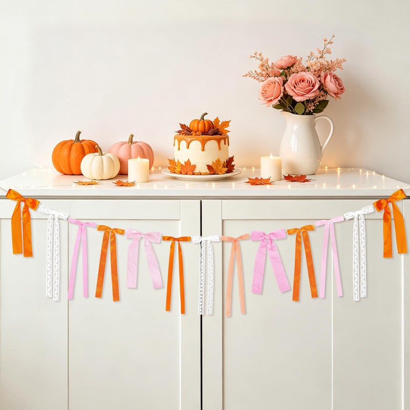 Pink and Orange Fall Bow Garland, Thanksgiving Fall Mantel Bows