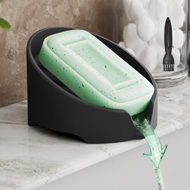 NiHome Silicone Soap Dish with High-Efficiency Drainage for Bathroom & Kitchen, Enlarged Holder Fits Various Soaps and Cleaning Supplies, Dishwasher Safe Easy to Clean with Included Brush (Black)