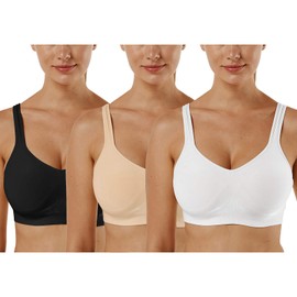 Vertvie Wirefree Bras for Women Seamless Full Cup Sports Bras Plus Size Bralette Adjustable Workout Bra for Everyday Wear(3 Pack-Black+White+Khaki,L)