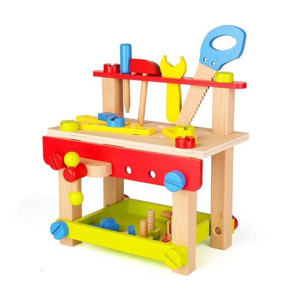 SainSmart Jr. Wooden Bench Wooden Workbench with Tools for Toddlers, Kids Creative Wooden Building Set Construction Toy for 3+ Years Old and up